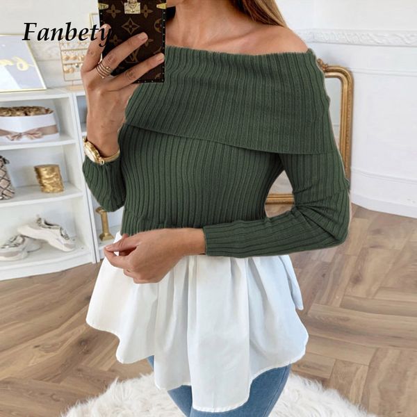 

fanbety slash neck knitted sweater women elegant off shoulder lace up pullover autumn long sleeve patchwork pull jumper, White