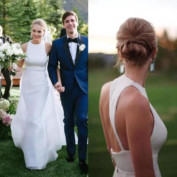

romantic garden simple sheath wedding dresses jewel neckline backless detachable train wedding bridal gowns custom made bridal dress, White