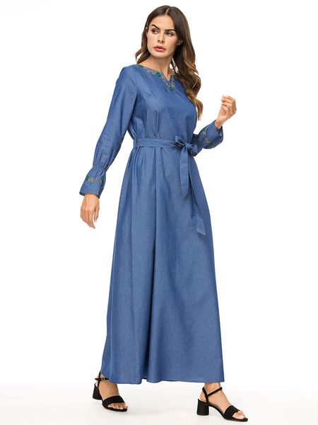 

Women Summer Bell Sleeve Dresses Fashion Designer Loose Long Clothing Denim Embroidery Casual Robe Asymmetrical Spring
