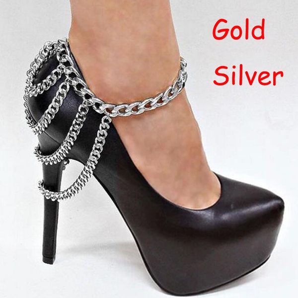 

1piece punk shoes chain anklets boots heel ankle bracelet metal multilayer tassels foot jewelry women summer bracelets, Red;blue