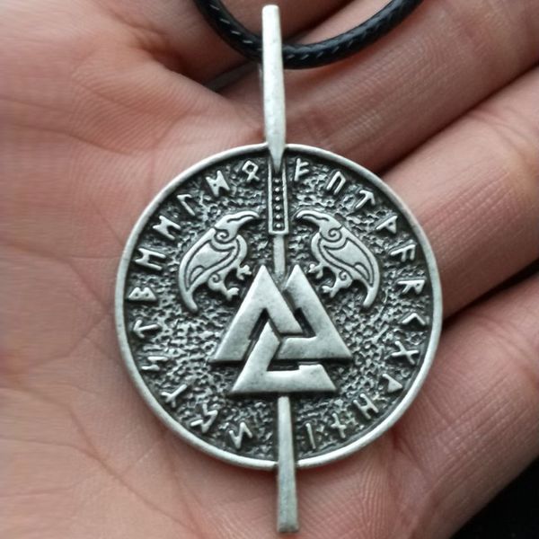 

odin double ravens and valknut nordic runes amulet jewelry viking necklace, Silver