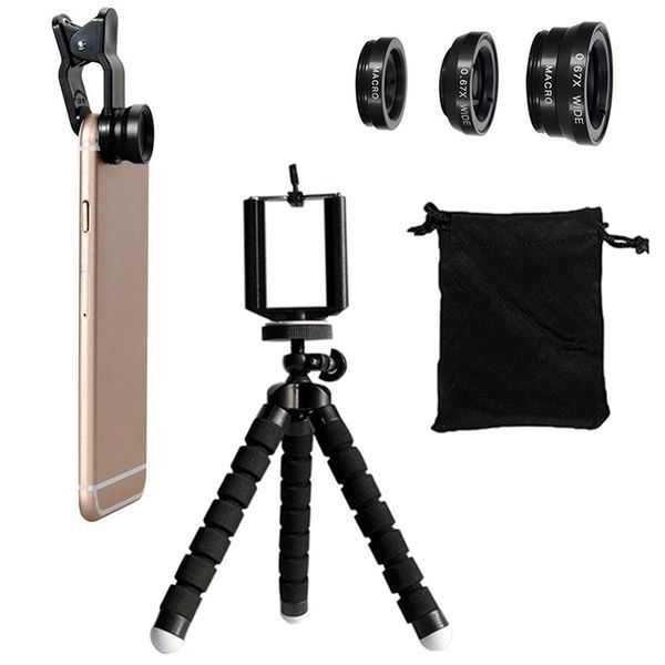 Lenti grandangolari macro lente Fish Eye con supporto per treppiede telefono flessibile 6 pezzi