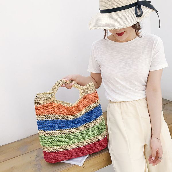 

xiniu 2019 fashion 2019 large capacity hand woven bag straw bag woman horizontal stripes beach borsa a tracolla da donna#30