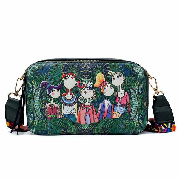 

women's pu color shoulder strap casual cartoon pattern small square bag double zipper multi-function mobile phone change storage