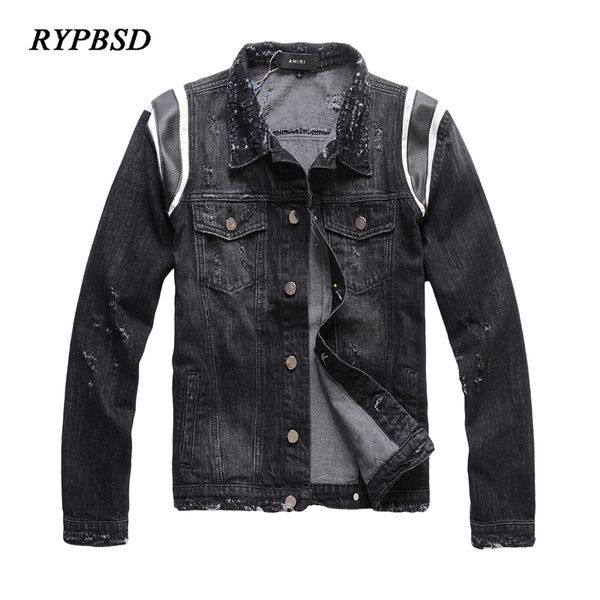

men's jackets denim jacket men patchwork leather motorcycle bomber slim fit long sleeve autumn hip hop streetwear jeans coat, Black;brown