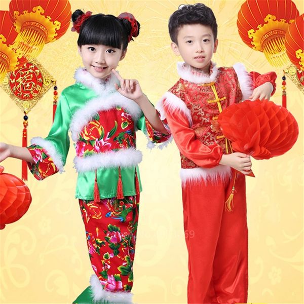 

new year traditional chinese style folk dance boys performance clothing red embroidery tang suit costumes girls hanfu dress, Black;red