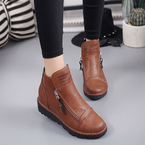 

women's leather boots solid zip ankle boots woman autumn winter cow leather shoes snow increase round toe short boot #828, Black