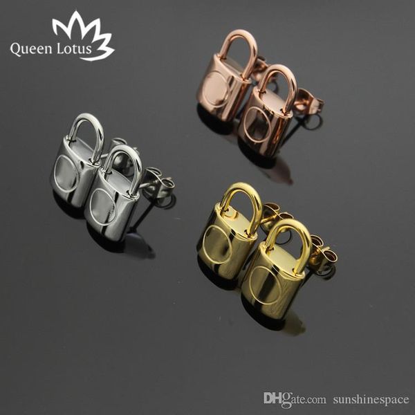 

queen lotus 2019 new fashion lock titanium steel stud earrings men and women 18k gold plated earrings for party jewelry whosale, Golden;silver