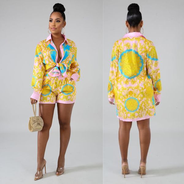 

Свободный Корабль Новые Женщины Мода Печати Из Двух Частей Брюки Случайные Тонкий Рубашка Отворотом Шеи и Шорты Набор 2 Шт. Наряды