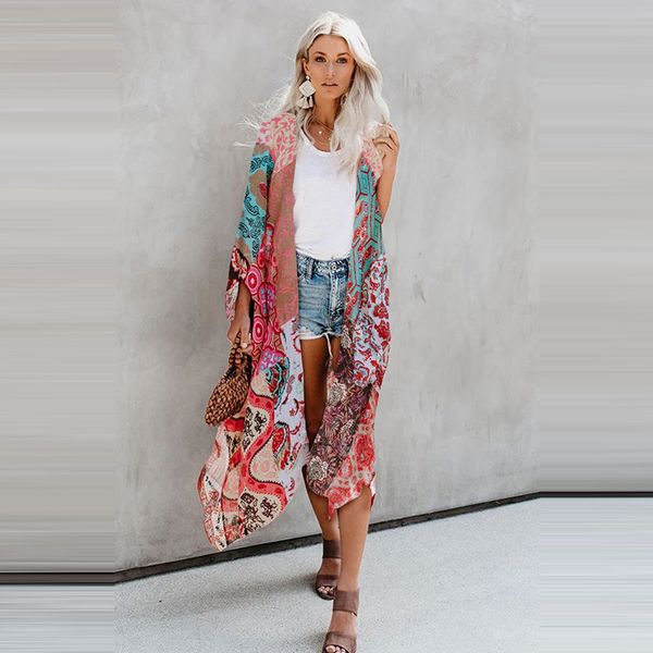 

women's jackets shiying beach sunscreen coat mid-length summer vacation loose outer printed cardigan shawl for women 85477, Black;brown