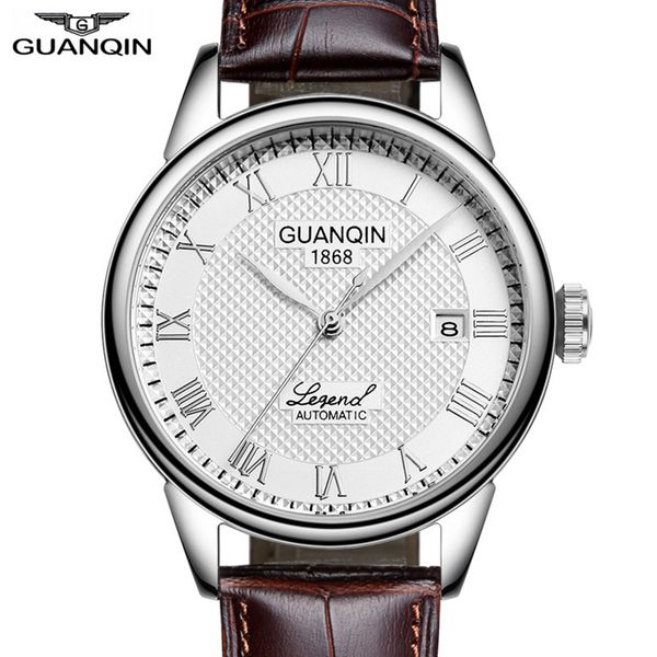 

relogio masculino guanqin 2018 mechanical automatic business mens watches brand luxury leather wrist watch clock men 008815a j190706, Slivery;brown