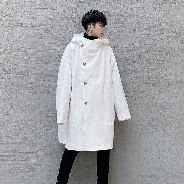 

men's trench coats men black white casual hooded coat male women high street vintage loose windbreaker jacket outerwear, Tan;black