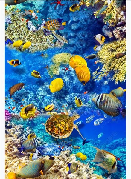 

custom 3d pvc self-adhesive floor p mural wallpaper living room ocean world tropical fish coral turtle 3d waterproof floor painting