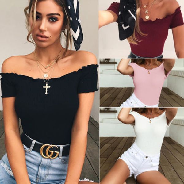 

womens bodysuit off shoulder solid color ruffles short sleeve jumpsuit romper fashion summer slim leotard playsuit womens, Black;white