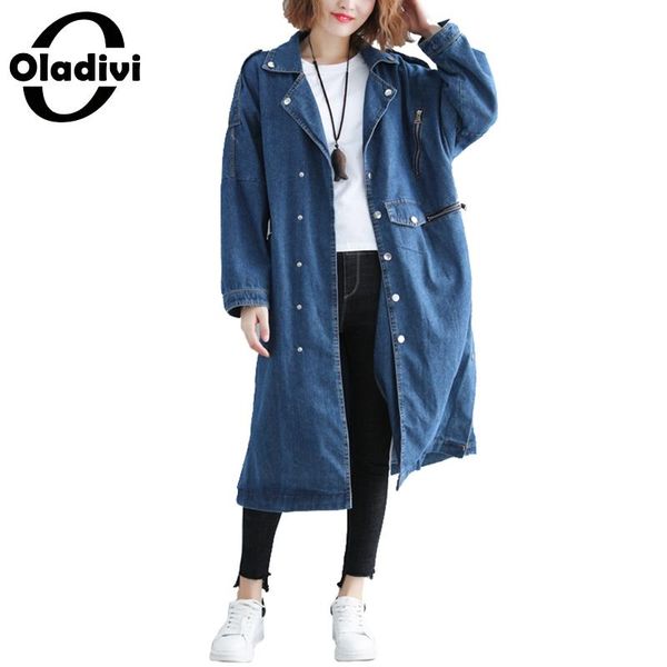 

oladivi plus size women denim coat fashion ladies casual loose jeans trench overcoats autumn cardigans female outerwear 4xl, Tan;black