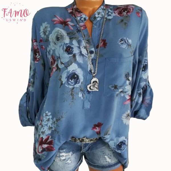 

лето женщины топы блузы 2019 осень элегантный длинным рукавом печати v шеи шифон блузка blusa вскользь свободные рубашки плюс размер 5xl, White