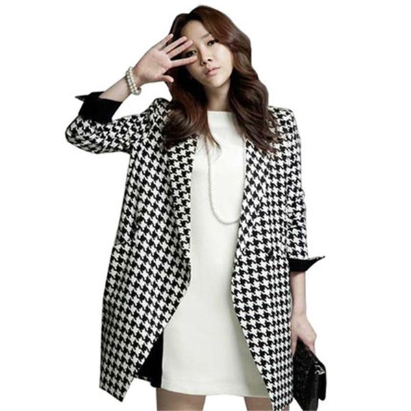 

new woolen coat korean version of the slim slim coat women's long section of the houndstooth suit collar trench tb190416, Black