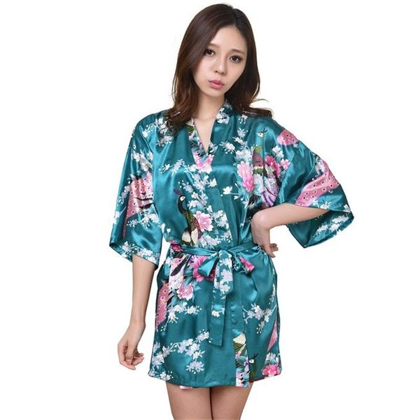 

new drak green mini lady summer bath robe gown silk rayon kimono yukata dress flower nightwear size s  l xl xxl xxxl a005, Black;red