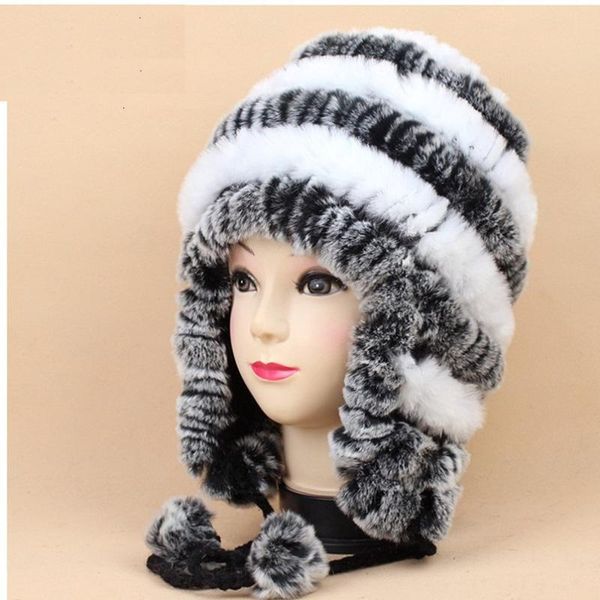 

russian fur cap earflap fur cap of real rex fur, black white red brown gray winter knit warm brand hat for womenh654, Blue;gray