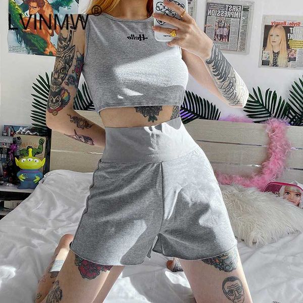 

two piece dress lvinmw grey sports casual soft fashion pieces set round neck sleeveless letter embroidery high elastic waist slim short, White