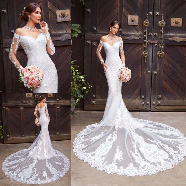 

kitty chen 2019 wedding dresses off shoulder lace appliqued long sleeve beach bridal gowns sweep train mermaid wedding dress, White