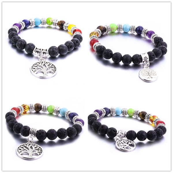 

мода 8 мм натуральный лава камень бисер 7 чакра древо жизни браслет diy ароматерапия эфирное масло диффузор браслет, Golden;silver