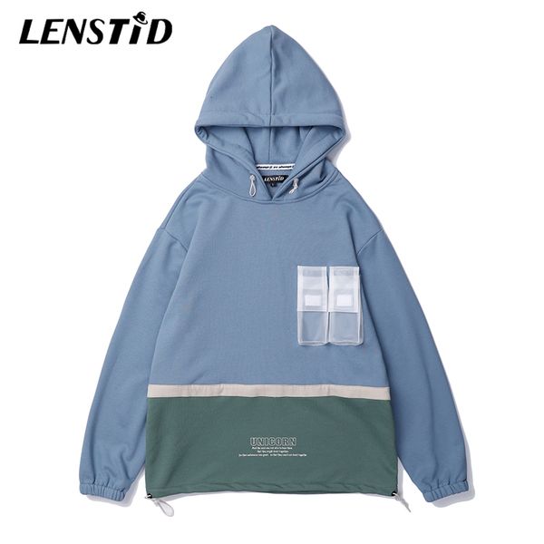 

lenstid 2019 autumn new men hip hop hoodies color block streetwear harajuku hooded pullover clear front pocket cotton sweatshirt, Black