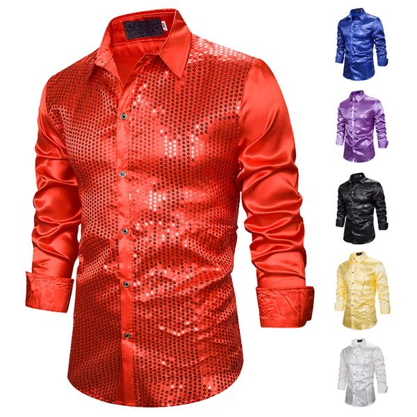 

heflashor men luxury sequin shirts long sleeve silk satin shiny men stage dance nightclub prom costume, White;black