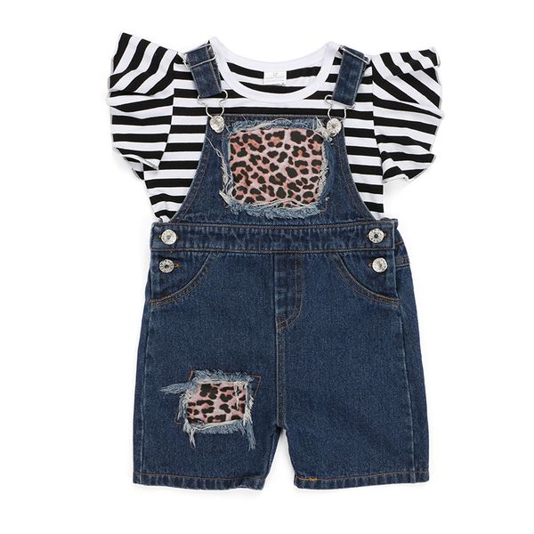 

kaiya angle 2020 toddler girl summer outfits striped butterfiy sleeve t-shirt denim suspender trousers kids casual clothes set, White