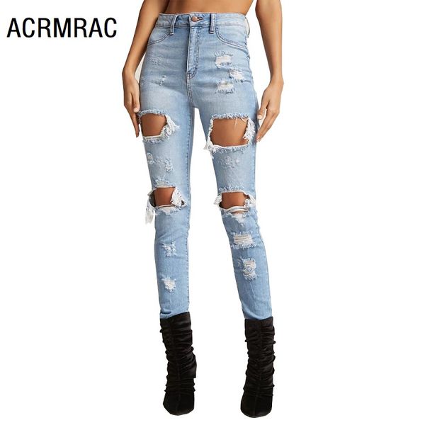 

women jeans slim mid waist summer hole pencil pants skinny jeans woman w005, Blue