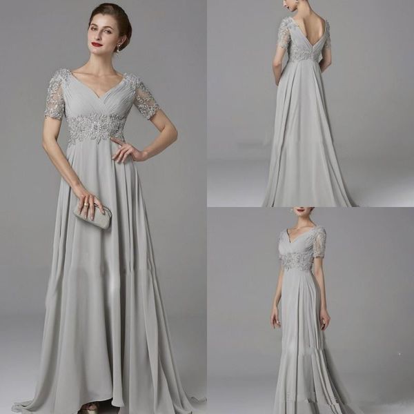 

Silver Lace Chiffon Mother Of the Bride Dresses with Sleeves 2019 V-neck Plus Size Empire Waist Mother Of the Groom Wedding Guest Gown