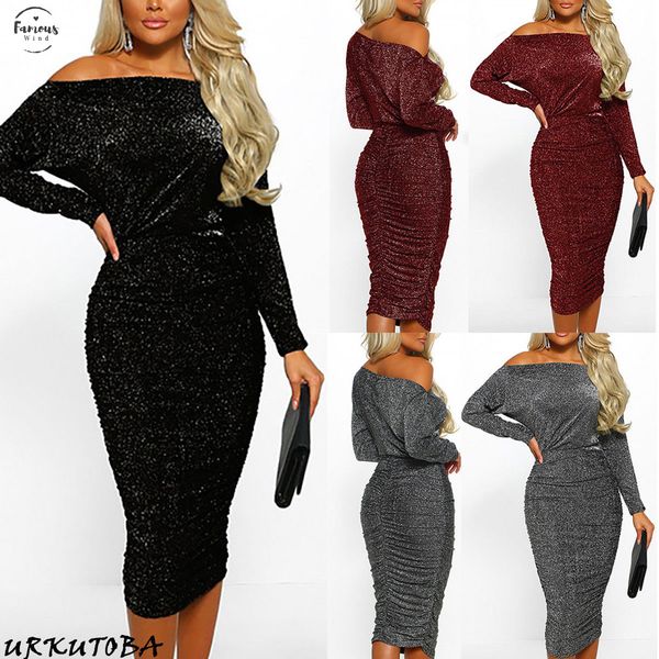 

plus size xl bodycon pencil dress womens party night 2020 ladies glitter sequin evening midi dresses off shoulder, Black;gray
