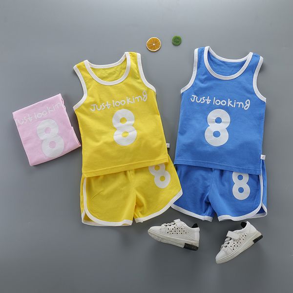 

childrens boutique clothes wholesale summer boy girls baby basketball uniform sweatshirt sets sports clothes set vest short pants outfit, White
