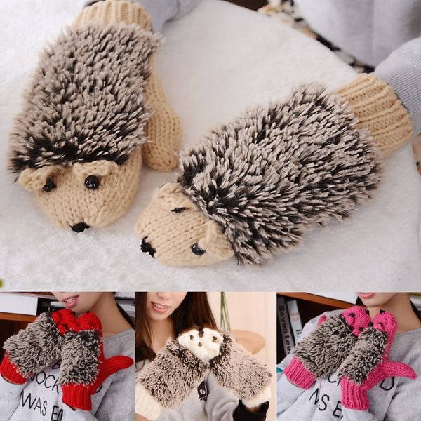 

new 9 colors girls novelty cartoon winter gloves for women knit warm fitness gloves hedgehog heated villus wrist mittens, Blue;gray