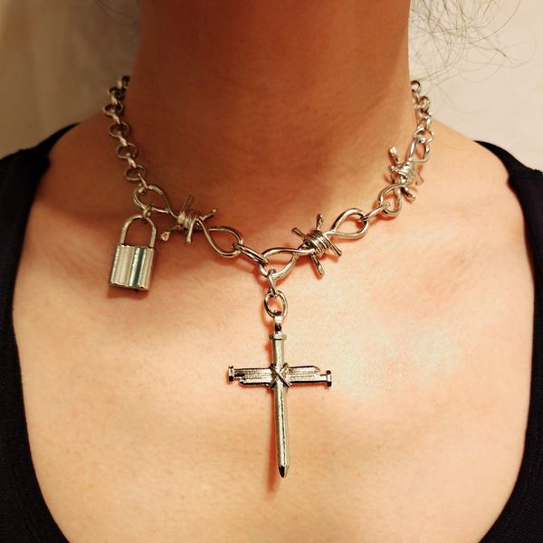 

diezi 2020 new punk fashion lock cross pendant silver color choker necklace link chain padlock necklace for women men jewelry