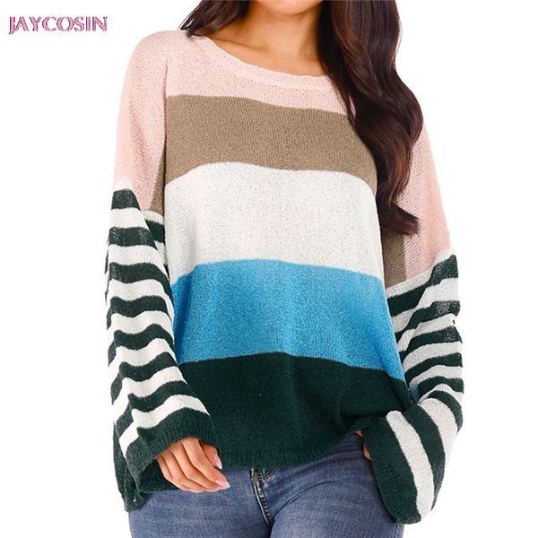 

jaycosin 2019 personality colorful sweater fashion women sweater blouse stripe knitting long sleeve casual loose drop #0806, White;black