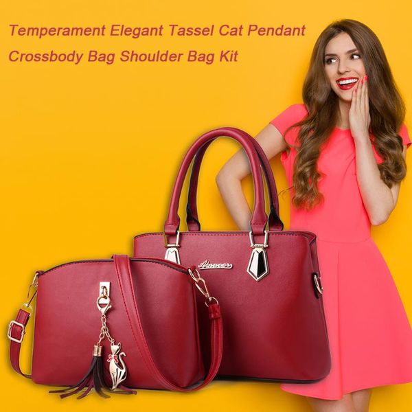 

2pcs/set fashion durable women shoulder crossbody bag pu leather tassel cat pendant elegant shopping totes handbags