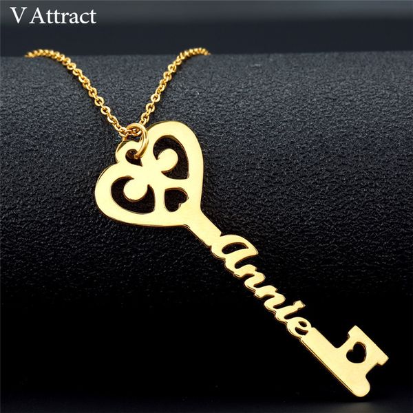 

wedding gift custom jewelry personalized name key necklace women men heart statement necklaces stainless steel chain collier, Silver