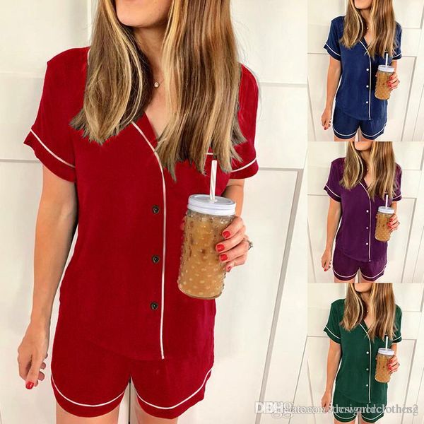 

лето сыпучие женщин пижамы с коротким рукавом шорты женские 2pcs пижамы мода сплошные цвета женские повседневные костюмы, Black;red