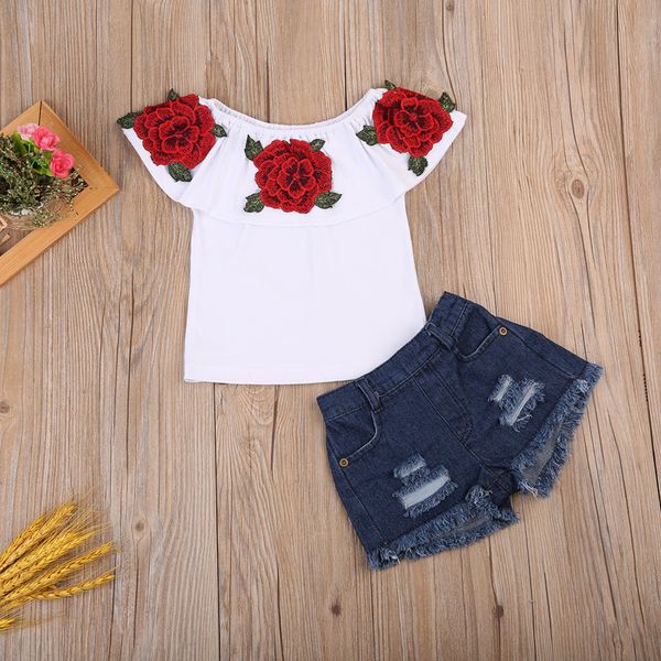 

2pcs/lot fashion kids girls rose flower short sleeve short jeans pants summer set children clothing suit, White