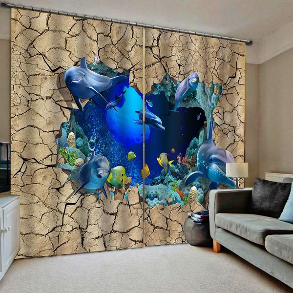 

пользовательские любого размера фото украшения шторы luxury blackout 3d гардина для гостиной кирпич океана дельфина шторы