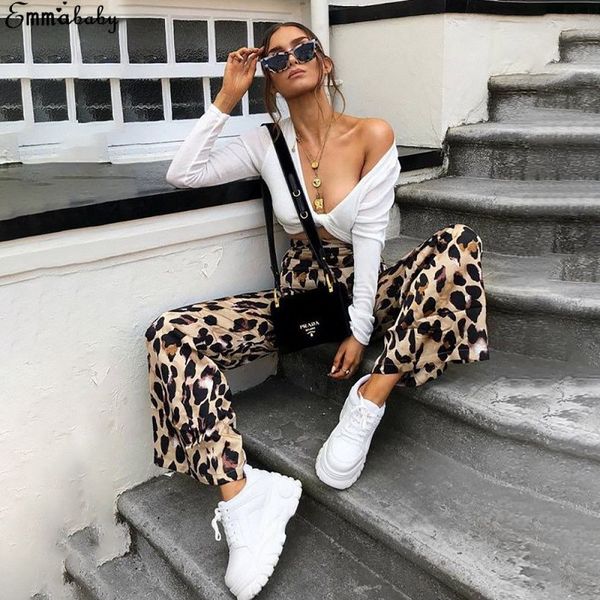 

elegant ladies casual leopard print loose wide leg pants women's fashion holiday high waist trousers, Black;white
