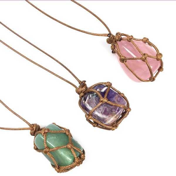 

wholesale 10 pcs handmade weave irregular shape rose quartz pendant rope chain necklace green aventurine jewelry, Silver