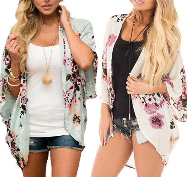 

women floral loose shawl vintage kimono cardigan boho chiffon coat women short sleeve printed shirts green white