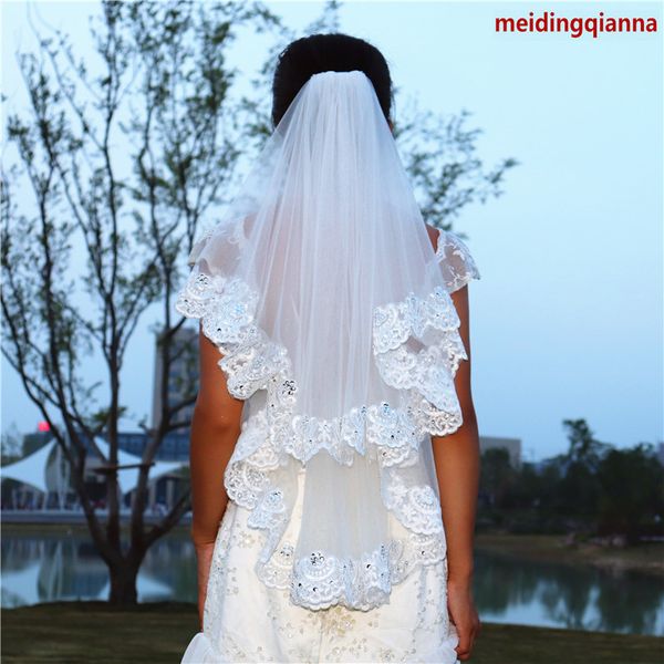 

fashional two-layer lace applique edge white ivory wedding veil smart hip length meidingqianna brand bridal veil with an alloy comb, Black
