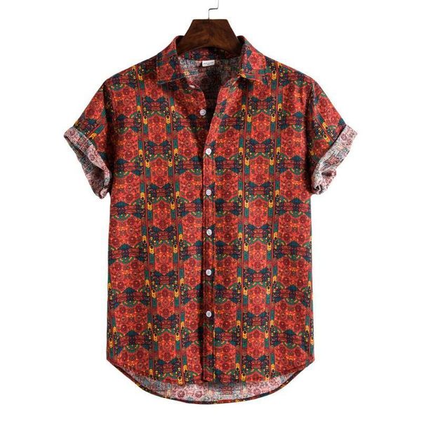 

summer man shirt mens ethnic printed stand collar cotton linen stripe short sleeve loose hawaiian henley shirt hawaiian, White;black