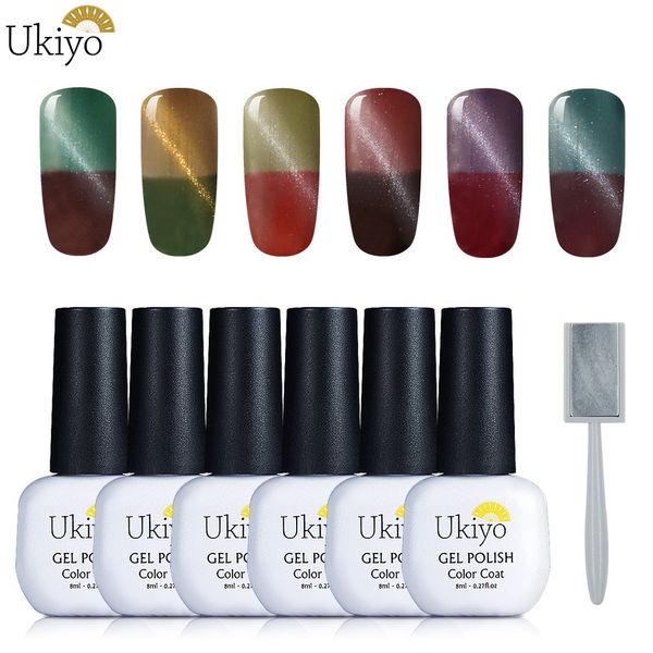 

ukiyo 6pieces/lot cat eye gel nail polish with magnet stick temperature change nail gel varnish semi permanent soak off lacquer, Red;pink