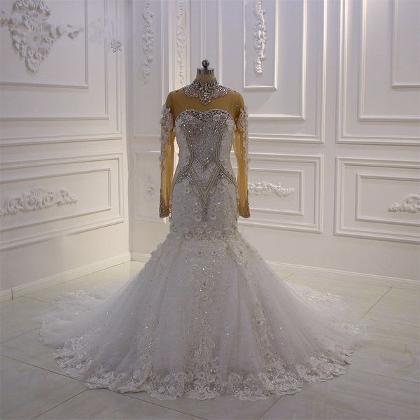 

sparkly crystal beaded mermaid high neck wedding dresses luxury long sleeves lace appliqued sheer back saudi arabic plus size bridal gown, White
