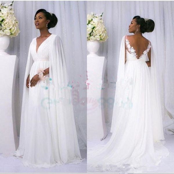 

africa chiffon lace garden wedding dresses with cape 2019 plus size modest v-neck backless beach party bridal gowns 306, White
