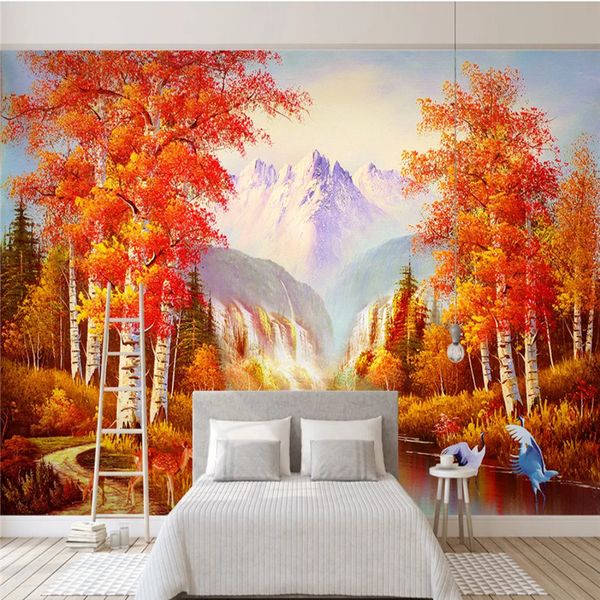 

autumn red white birch forest landscape oil painting 3d p wallpapers for living room tv sofa background walls 3d wall paper